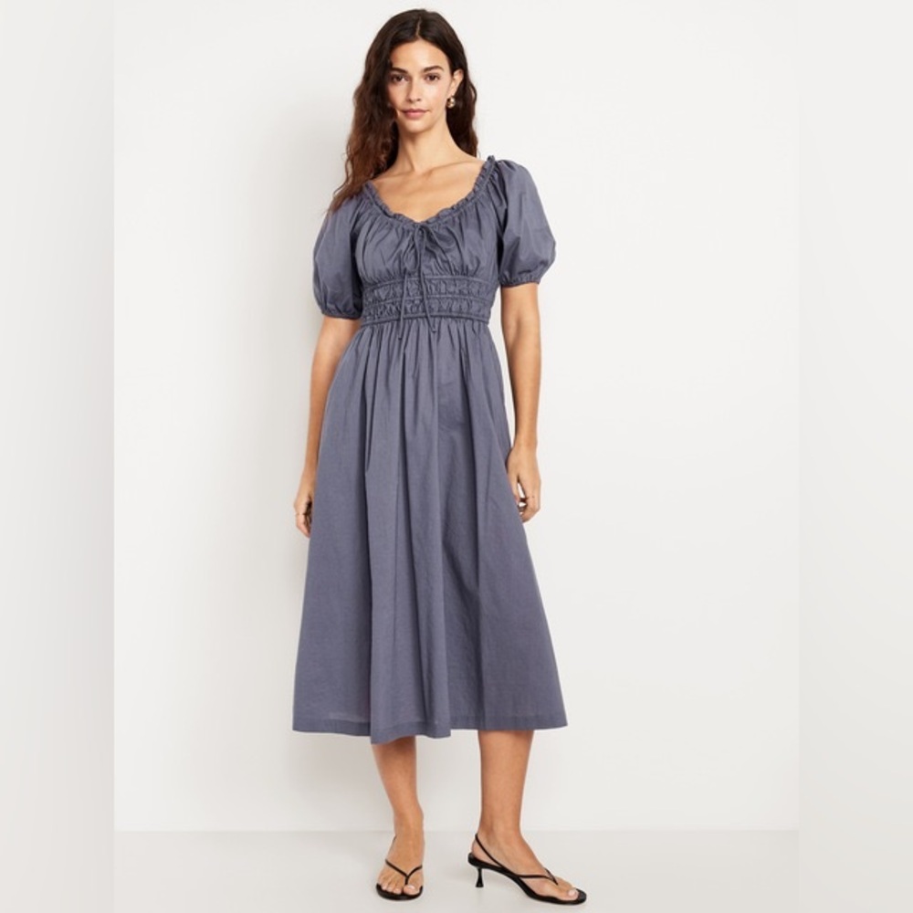 Old Navy Fit & Flare Puff-Sleeve Midi Dress in Inkwell (Gray/Navy)